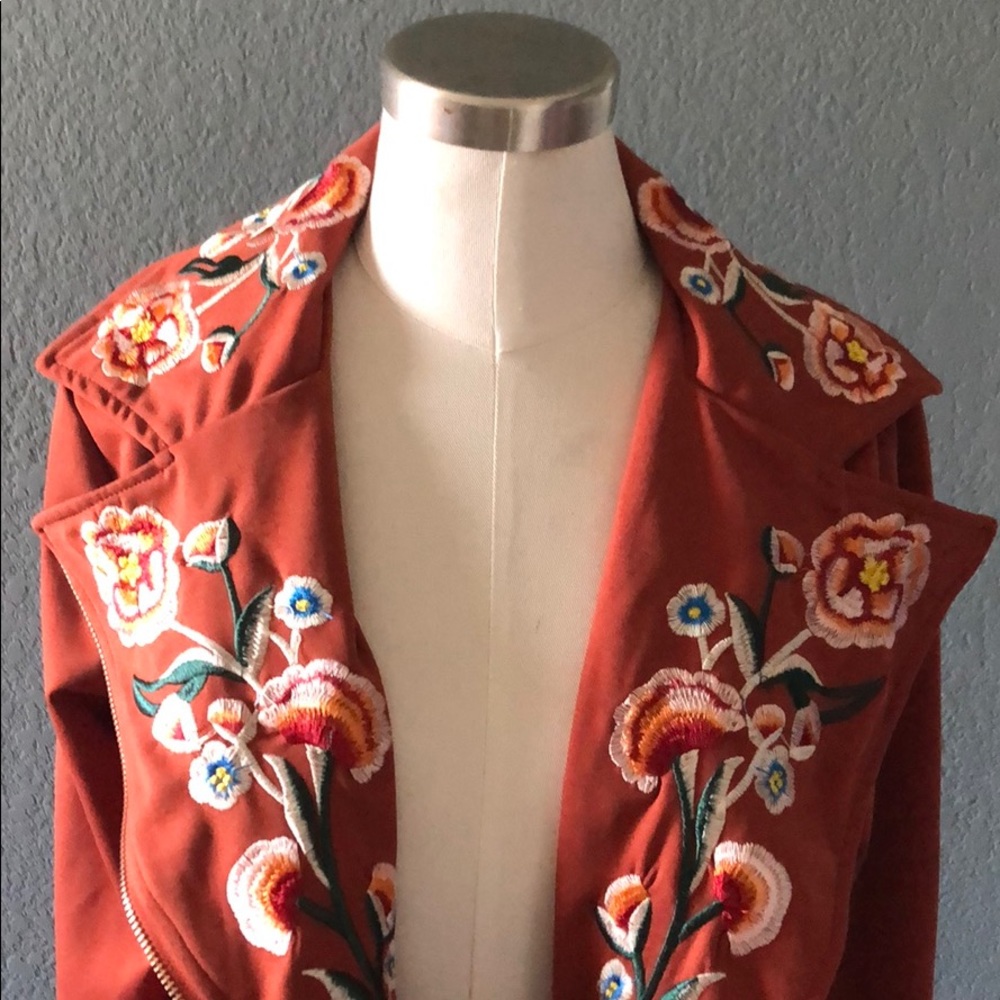 Rust embroidered moto jacket